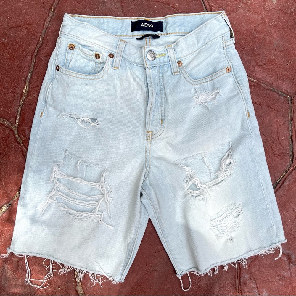 NWOT Aero Light Blue Jean Denim Shorts 90s High-Rise Waist Long CutOff Ripped 0